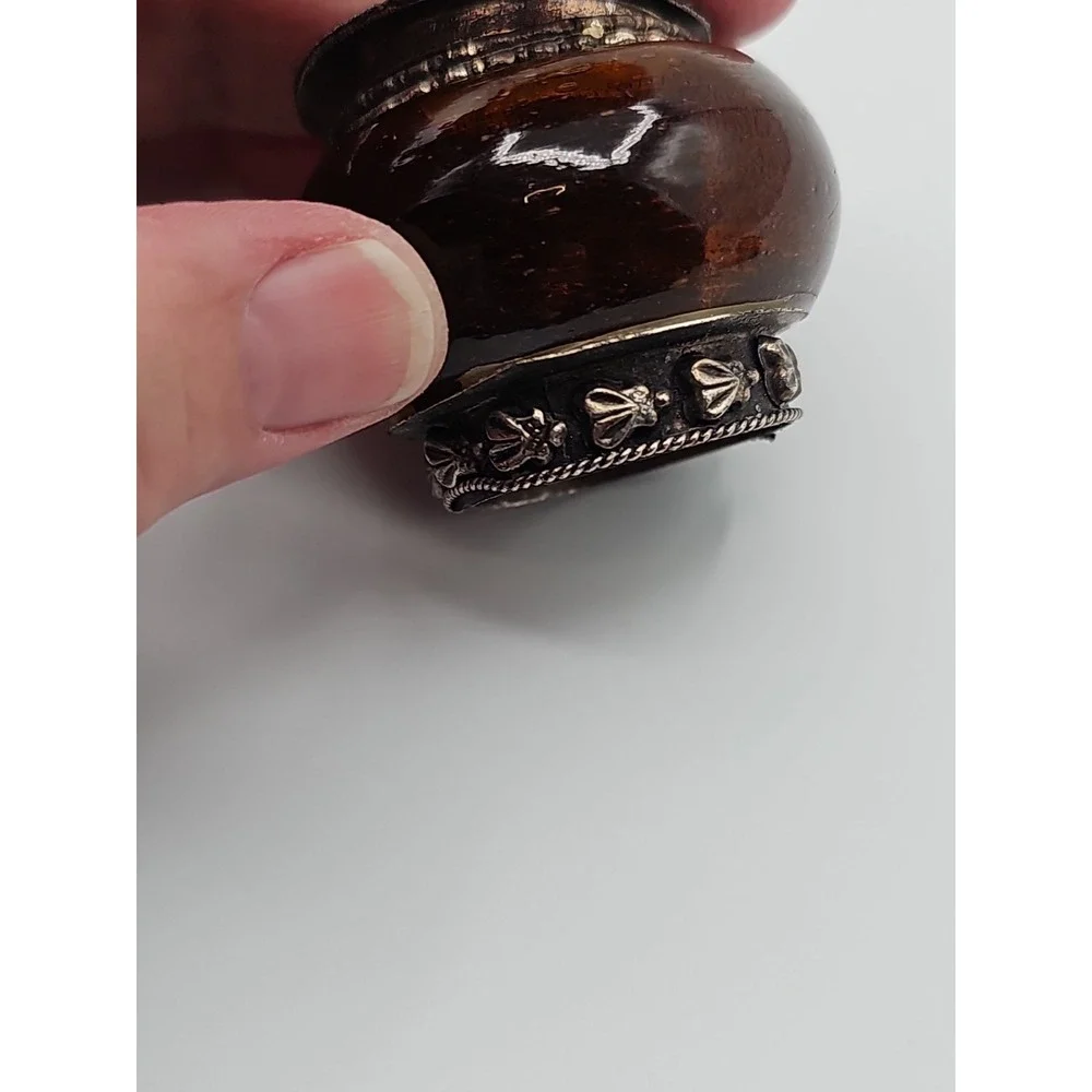 Vintage India Amber Glass Trinket Box Silver Tone Hinged Lid Footed Jewelry Box